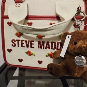 Steve Madden Cream and Red Tote with Teddy Bear Charm